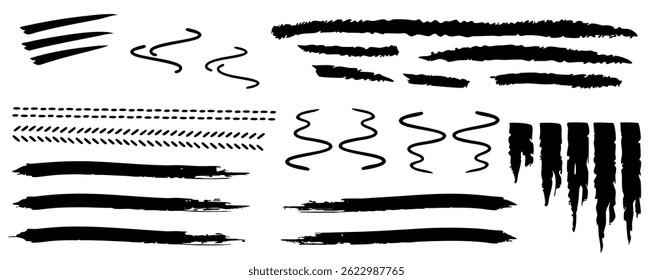 A minimalist digital image of black brush strokes, arranged in a neat grid. Strokes vary in thickness, length, and style—straight, curved, wavy, and jagged—clean, textured, and organized.
