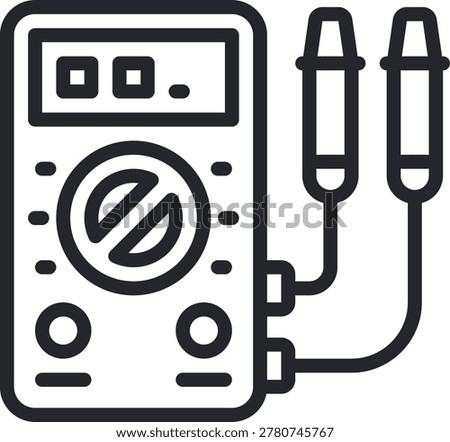Minimalist digital multimeter line icon for electrical maintenance and diagnostic projects. Includes details like the digital display, selector dial, and measurement probes. Ideal for technical manuals, engineering software, and construction websites. This high-quality vector graphic is suitable for professional user interface design and educational materials.