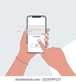 Pagamento Digital Minimalista: Smartphone, Mão, Aplicativo de Pagamento, Botão 'Quantia de Pagamento', Quantia da Transação, Confirmação, Pronto para Tocar, Linhas Limpas, Moderno
