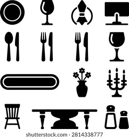 Minimalist dining and kitchen essentials icons featuring tableware and decor items