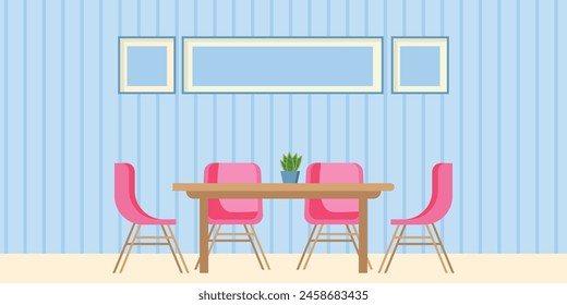 Minimalist dining room design with blue, pink and white nuances