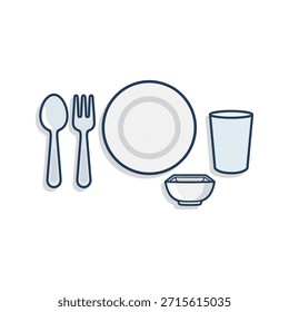 Ilustración de conjunto de comedor minimalista con plato, cuchara, tenedor, vaso y Pequeño tazón.