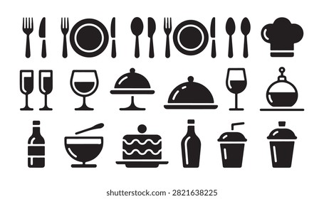 Minimalist dining symbols set featuring flat vector illustrations of food service and cookery tools.