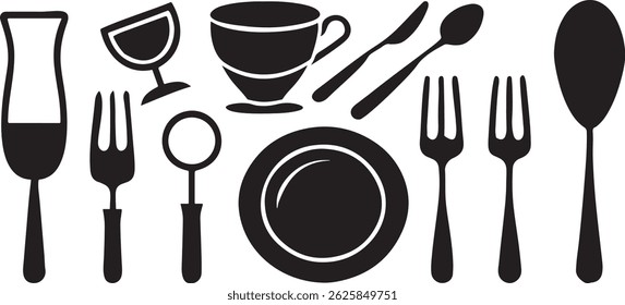 Utilitários de Jantar Minimalistas Vetor em Preto e Branco