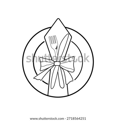 Minimalist Dinner Plate Setting with Cutlery and Ribbon Bow Line Art, Elegant Wedding and Restaurant Table Illustration