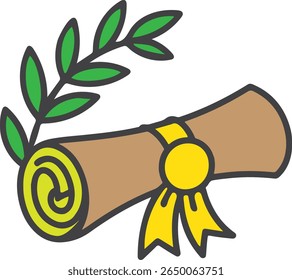 Minimalist Diploma Scroll Icon with Laurel and Magic Elements in Classic Greek Style

