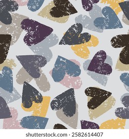 Minimalist Distressed Heart Seamless Pattern with Cozy Handcrafted Look in Grey, Yellow, Blue and Purple on White