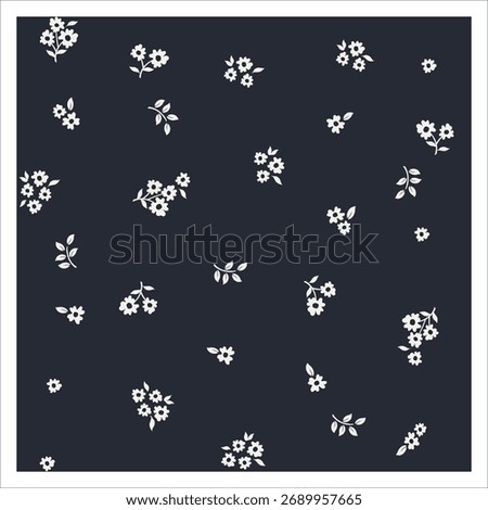 Minimalist ditsy floral seamless pattern with tiny white flowers on a dark navy blue background. A simple classic vector.