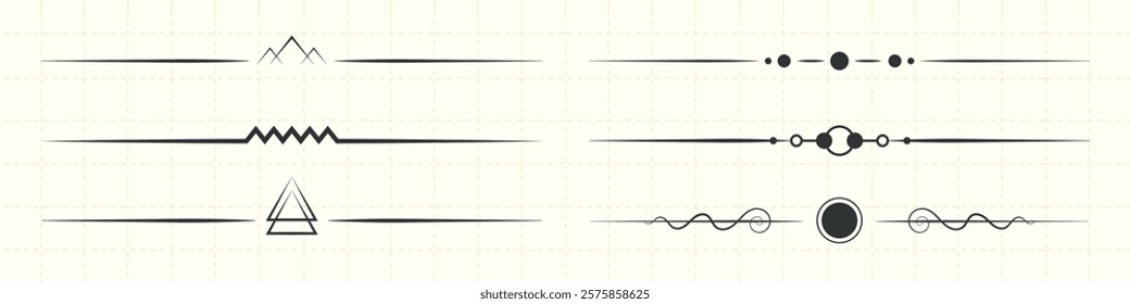 Minimalist dividers with geometric designs. Simple lines, circles, and triangles. Elegant dividers for design projects. Geometric dividers for creative use. Element vector set.