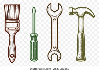 Minimalista DIY Tools Icon Set - Martelo, Chave de fenda, Pincel, Chave inglesa - Vintage Line Art Vetor
