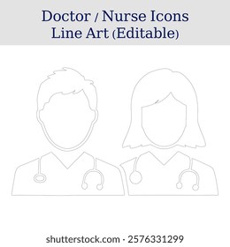 minimalist doctor and nurse line art. digital line illustration of medical professionals. symmetrical healthcare icons with stethoscopes.
