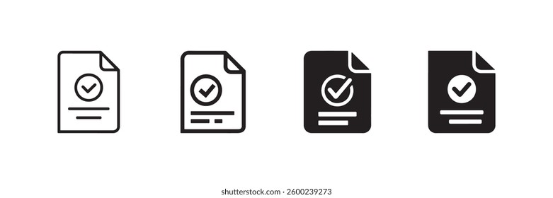 Minimalist document approval icons in black and white featuring checkmarks and file symbols perfect for business finance and certification designs.
