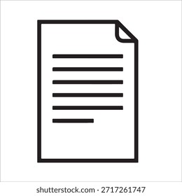Ícone Minimalista do Documento Linha Desenho de Papel Folha com Canto Dobrado e Linhas de Texto Isoladas em Branco