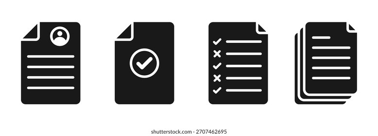 Minimalistische Dokumentsymbole. Symbol-Vektorsymbol für mobile Apps und Website, UI-Designs kopieren. Satz von Web-Symbolen, einschließlich Vertrag, Zertifikat, Ordner, Zwischenablage, Rechnung, Archiv, genehmigt und akzeptiert