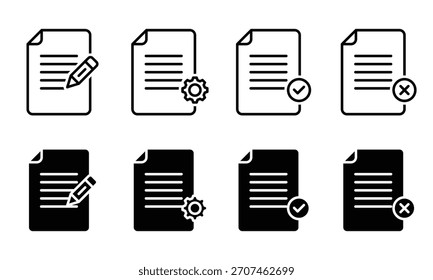 Minimalistische Dokumentsymbole. Symbol-Vektorsymbol für mobile Apps und Website, UI-Designs kopieren. Satz von Web-Symbolen, einschließlich Vertrag, Zertifikat, Ordner, Zwischenablage, Rechnung, Archiv, genehmigt und akzeptiert