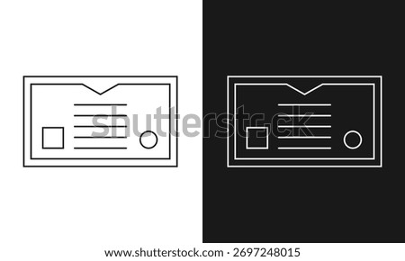 Minimalist Document or ID Card Icon Illustration Featuring Text Lines, Square and Circular Elements, and Center Notch in Split Black and White Contrast, Visual Symbol for Identification Records.