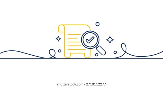 Minimalistisches Symbol für die Dokumentenüberprüfung mit Lupe und Markierung, das für Genehmigung, Authentifizierung, Validierung und offizielles Überprüfungskonzept steht