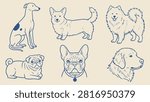 Minimalist dog breed illustration featuring six stylized line drawings in blue outlines on beige background showing greyhound corgi samoyed pug french bulldog and retriever