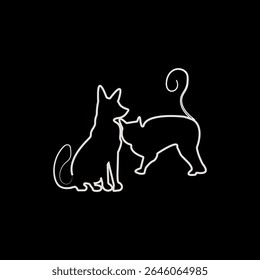Minimalist dog and cat outline on black background, pet companionship illustration, animal lovers decor, modern veterinary logo design, simple pet silhouette art for branding, apparel, prints

