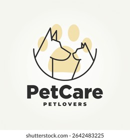 cão minimalista e gato com pata linha arte ícone logotipo vetor ilustração design. simples moderno pet amantes e pet cuidado logotipo conceito