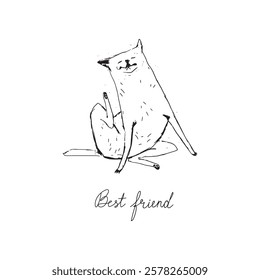 A minimalist dog in a funny pose scratching ear with tong hanging  with the text “Best friend.” A stylish black-and-white drawing for art and pet lovers.