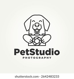 minimalist dog holding camera line art icon logo vector illustration design. simple modern pet photography or pet studio logo concept