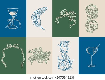 Colección de Ilustración vectorial Dolce Vita minimalista. Arte para tarjetas de felicitación, invitaciones de boda, diseño de póster, postales, marca, diseño de logotipo, fondo.	