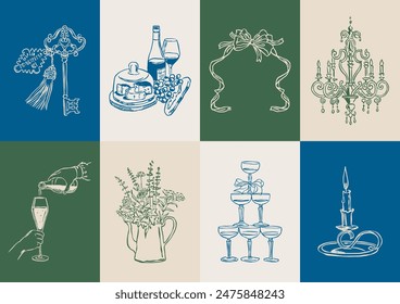 Colección de Ilustración vectorial Dolce Vita minimalista. Arte para tarjetas de felicitación, invitaciones de boda, diseño de póster, postales, marca, diseño de logotipo, fondo.	