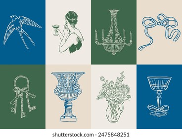 Colección de Ilustración vectorial Dolce Vita minimalista. Arte para tarjetas de felicitación, invitaciones de boda, diseño de póster, postales, marca, diseño de logotipo, fondo.	