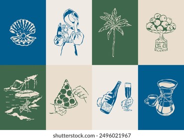 Colección de Ilustración vectorial minimalista Dolce Vita. Arte para tarjetas de felicitación, invitaciones de boda, diseño de carteles, postales, marca, diseño de logotipo, fondo.