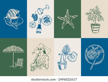 Colección de Ilustración vectorial minimalista Dolce Vita. Arte para tarjetas de felicitación, invitaciones de boda, diseño de carteles, postales, marca, diseño de logotipo, fondo.