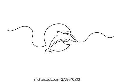 Minimalist dolphin continuous one line drawing isolated on white background for marine logo