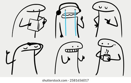 Minimalist doodle characters expressing different emotions and activities. Perfect for memes, comics, or creative designs with a humorous twist.