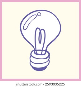 Minimalist doodle of a classic light bulb with a filament, outlined in purple with a pastel pink border on a light background, Vector Illustration