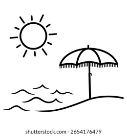 Rabiscar minimalista retratando guarda-chuva de praia, sol e ondas do mar, evocando o lazer de verão