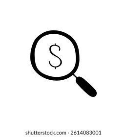  Minimalist doodle icon of a magnifying glass with a dollar sign. Perfect for finance, budgeting, money search, investment analysis, and business strategy visuals.