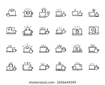 Minimalist Doodle Icons of Coffee and Laptop Workstation Scenes – Hand-Drawn Style Illustrations of Work-from-Home Concepts with Coffee Mugs, Headphones, Tea, and Tech Essentials

