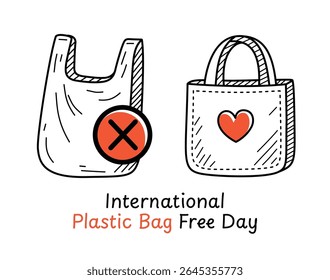 Ilustração de doodle minimalista mostrando um saco plástico banido e saco de bolsa reutilizável com ícone de coração. Promove a conscientização para o Dia Internacional Livre de Saco de Plástico e vida ecoconsciente.