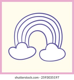 Rabiscar minimalista de um arco-íris com duas nuvens fofas, contornado em roxo com uma borda rosa pastel em um fundo claro, Ilustração Vetor