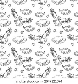 Minimalist doodle style black outline owl seamless pattern design