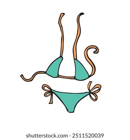 Desenho minimalista de um biquíni azul e laranja, perfeito para moda de praia de verão e design de maiô. Ideal para artigos sobre férias, tendências de maiôs e estilos à beira da piscina.