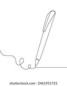 A minimalist doodle vector illustration featuring a continuous line drawing of a pen writing a wave-like stroke, symbolizing the concept of study and education.