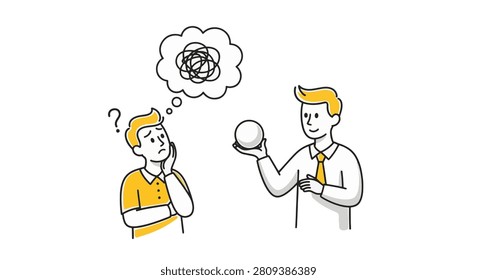 Minimalist doodle vector of two men; one confused with a tangled thought bubble, while the other holds a simple sphere representing a solution and clarity on a white background.