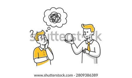 Minimalist doodle vector of two men; one confused with a tangled thought bubble, while the other holds a simple sphere representing a solution and clarity on a white background.