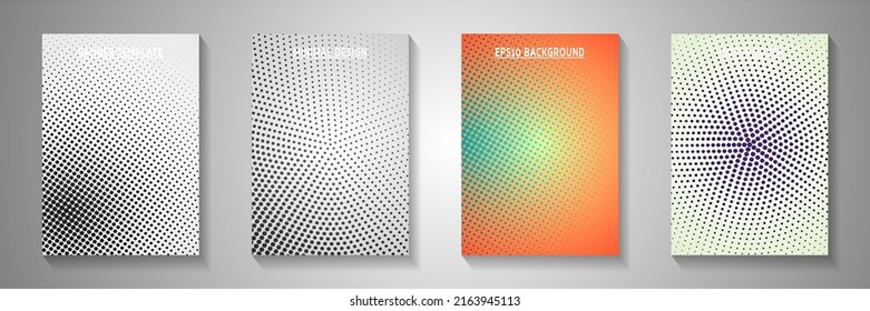 Minimalist dot faded screen tone title page templates vector collection. Industrial booklet perforated screen tone backgrounds. Retro comics style front page leaflets. Rectangle albums.