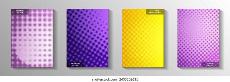 Minimalist dot faded screen tone cover page templates vector set. School magazine perforated screen tone backgrounds. Vintage manga comics style title page layouts. Rectangle albums.