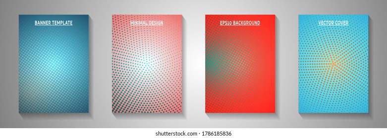 Minimalist dot perforated halftone title page templates vector set. Industrial poster faded halftone patterns. Retro comics style cover page leaflets. Linear design.