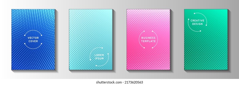 Kit vectorial de plantillas de título de medio tono perforadas punto minimalista. Folleto industrial desvaneció los patrones de semitono. Folletos de portada estilo historietas retro. Diseño de degradado.