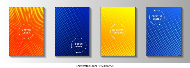 Minimalist dot screen tone gradation title page templates vector kit. Scientific magazine faded screen tone backgrounds. Vintage manga comics style cover page layouts. Optical effects.