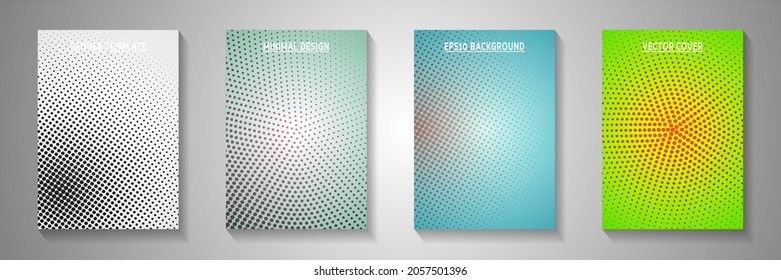 Minimalist dot screen tone gradation front page templates vector series. Digital booklet faded screen tone backdrops. Vintage cartoon comics style cover page layouts. Rectangle albums.